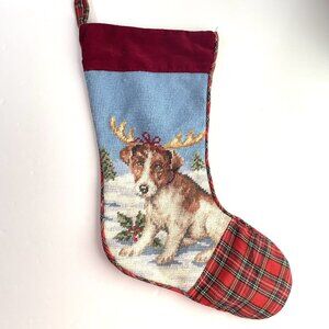 Jack Russell Terrier Dog Needlepoint Christmas Stocking Red Plaid Puppy